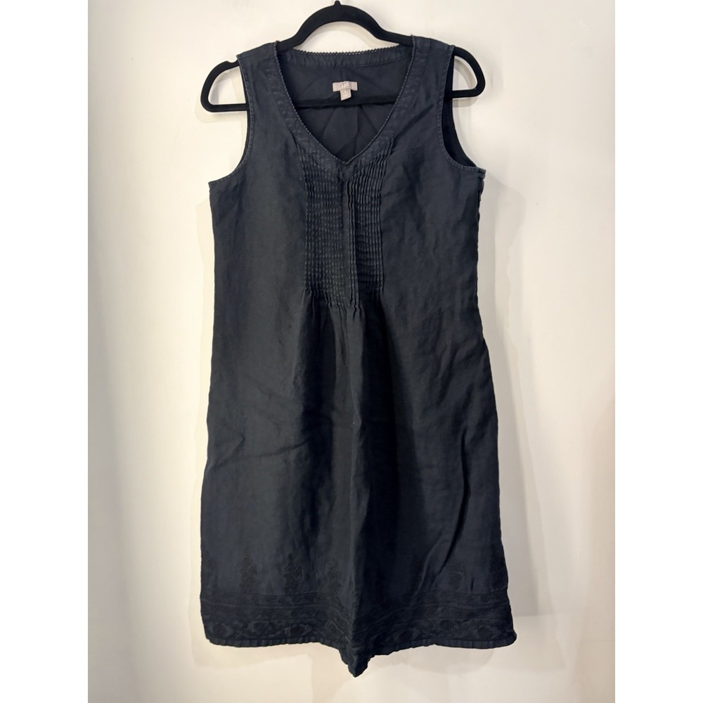 J Jill Black 100% Linen Sleeveless Shift Dress Pintuck Embroidered Hem S